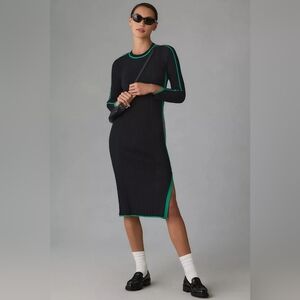 Anthropologie Black Long-Sleeve Ribbed Midi Dress with Green Trim